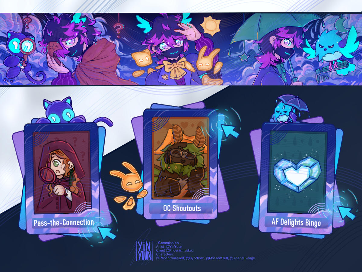 Custom Inquiry for PhoenixMasked ! ⭐ Project scope included a banner for their artfight profile and clickable card assets for different character-randomizer, featuring specific community members on the cards! Including Characters of Cynchorx , MossedStuff